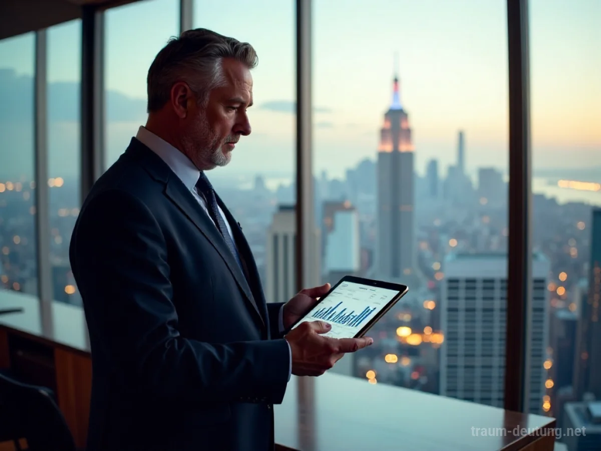 Traumsymbol Investor: Ein distinguierter, mittelalter Investor mit scharfen Augen und selbstbewusstem Auftreten steht in einem hellen Büro mit Stadtblick und hält ein Tablet mit Finanzdiagrammen.