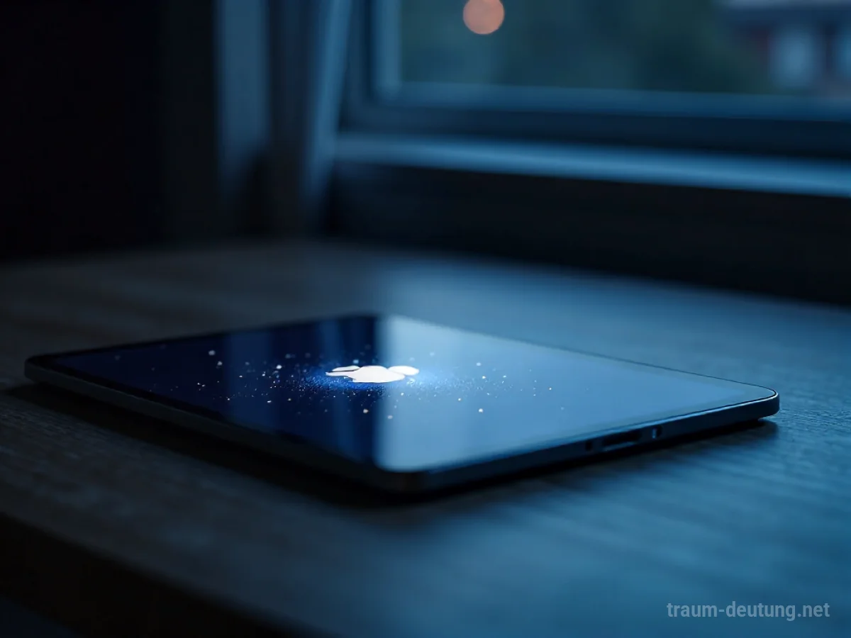 Traumsymbol iPad: Ein modernes, schlankes iPad liegt auf einem dunklen Holzschreibtisch, beleuchtet von sanftem Mondlicht, das einen leuchtenden, abstrakten Symbol auf dem Bildschirm zeigt.
