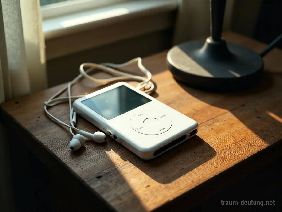 Traumsymbol iPod: Ein weißer, klassischer iPod liegt auf einem Holztisch im Mondlicht, umgeben von bunten Kopfhörern.