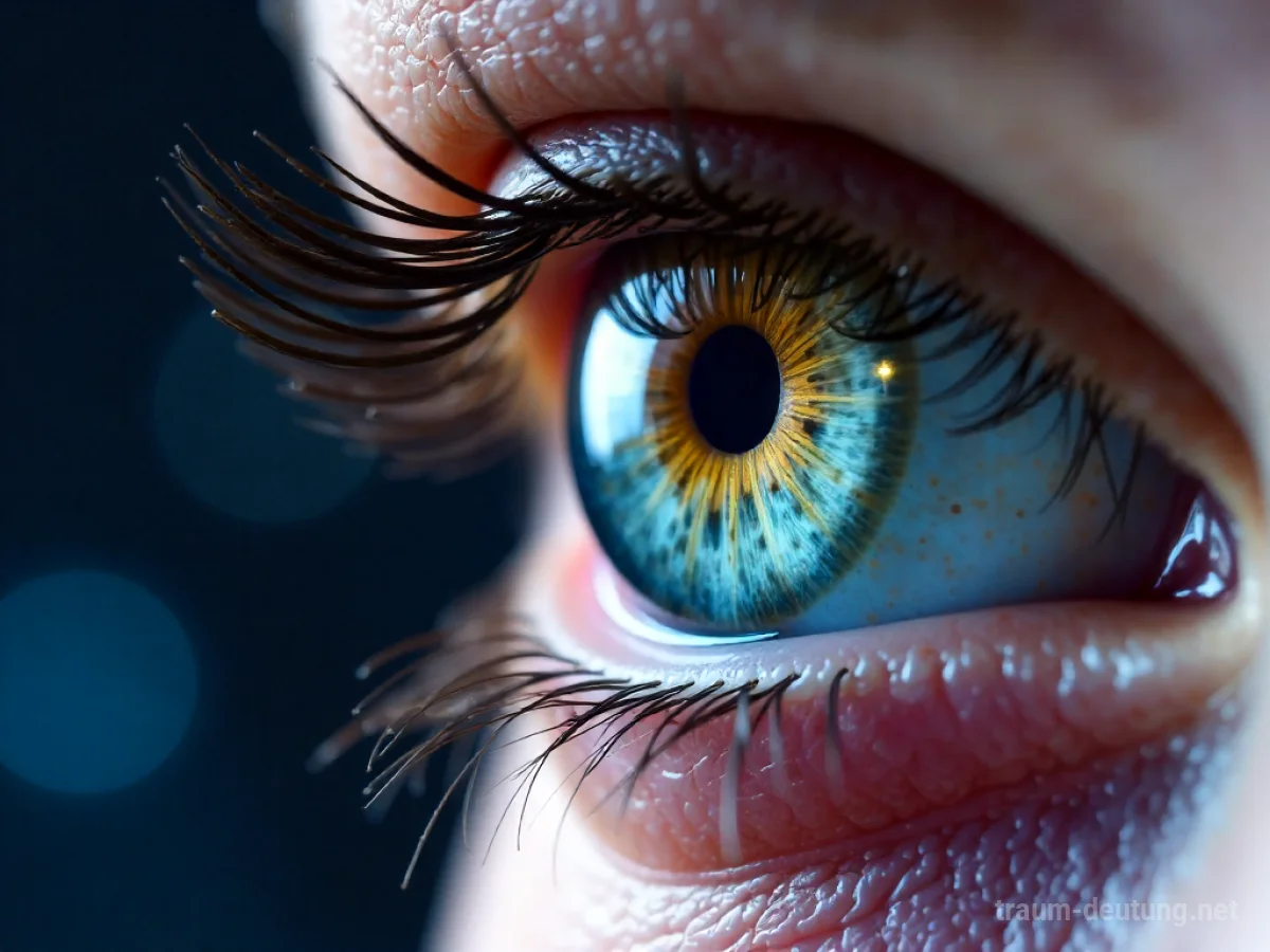 Traumsymbol Iris: Ein detailreiches, fotorealistisches Auge mit einer lebendigen, nebelartigen Iris, beleuchtet von ätherischem Licht in einer traumhaften Umgebung.