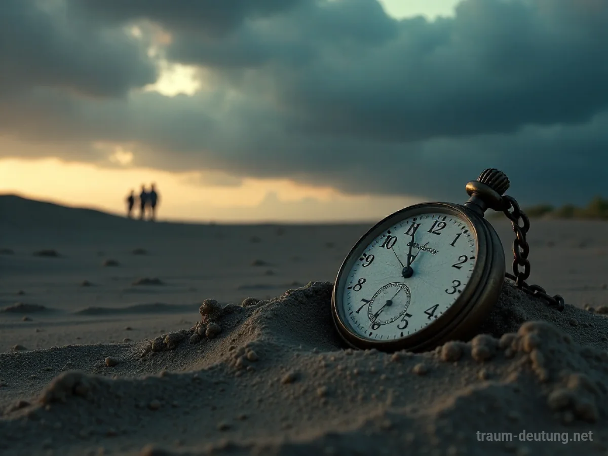 Traumsymbol Ironie: Eine zerbrochene antike Taschenuhr liegt halb im Sand einer surrealen Landschaft unter einem dramatischen Himmel, verbunden mit schemenhaften Figuren.