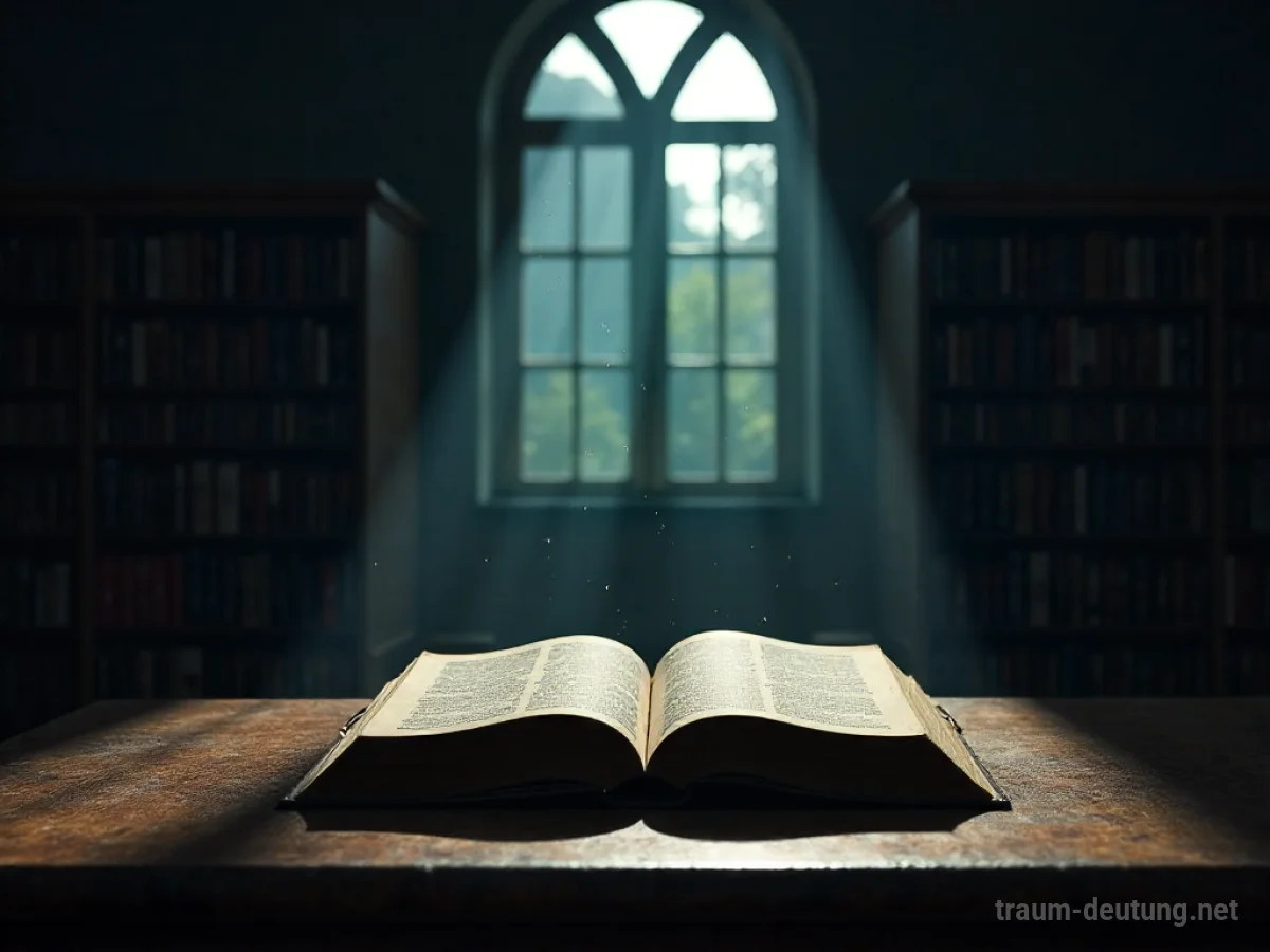 Traumdeutung Irrtum: Ein einzelnes, zerknittertes Buch liegt auf einem antiken Schreibtisch in einer schattigen Bibliothek, beleuchtet von einem Mondstrahl.