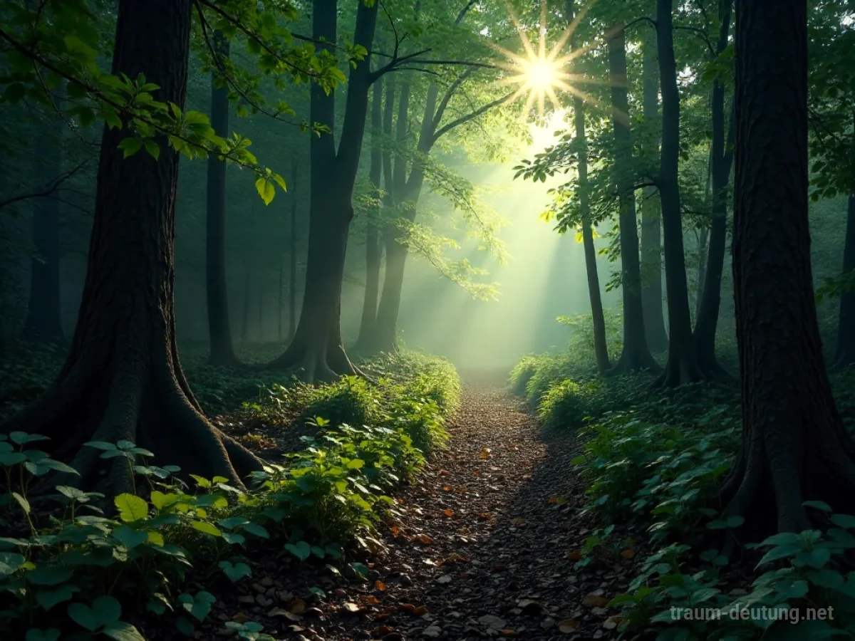 Traumsymbol Irrweg: Ein zugewachsener, kaum erkennbarer Pfad verschwindet in einem dichten, nebligen Wald mit spärlichen Sonnenstrahlen und langen Schatten.