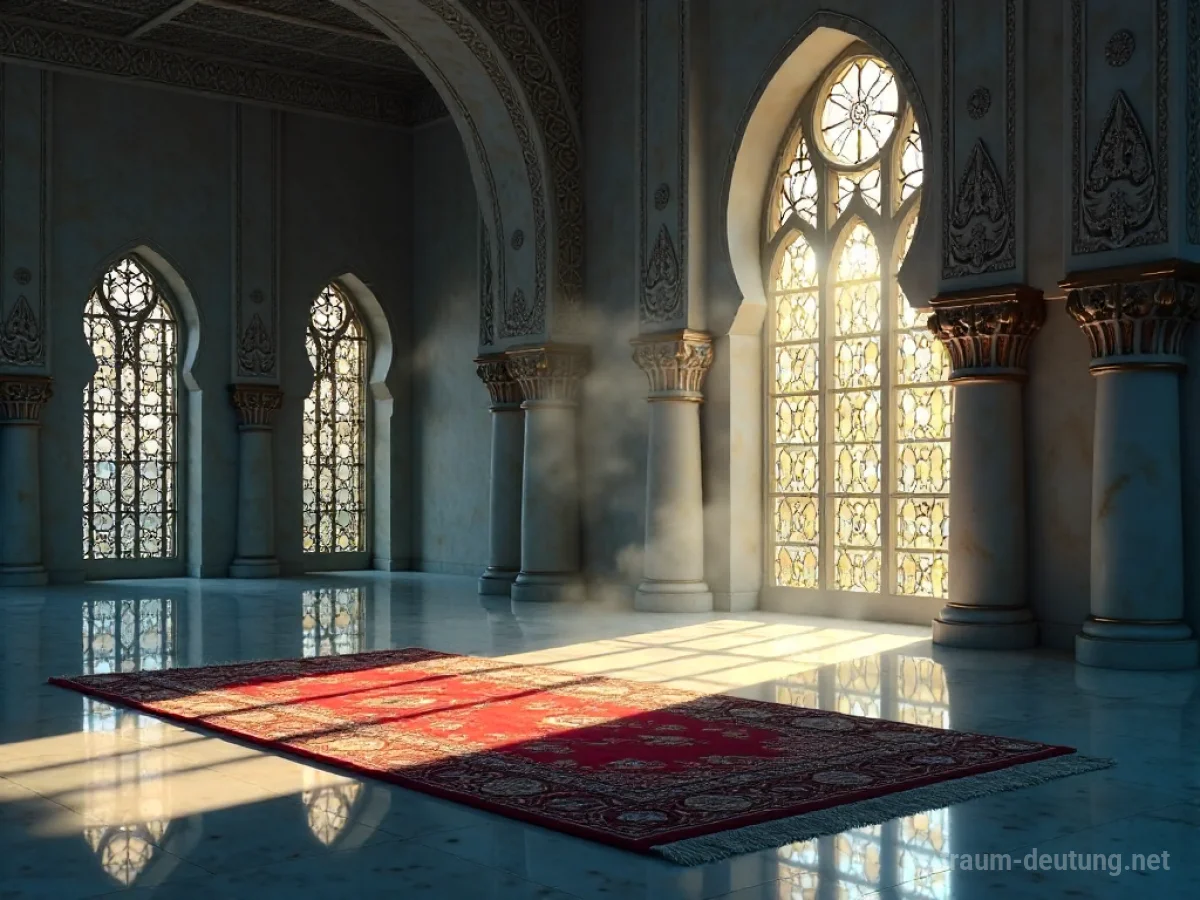 Traumdeutung Islam: Eine friedliche Moschee im Mondlicht mit kunstvollen Mustern und einem Gebetsteppich.