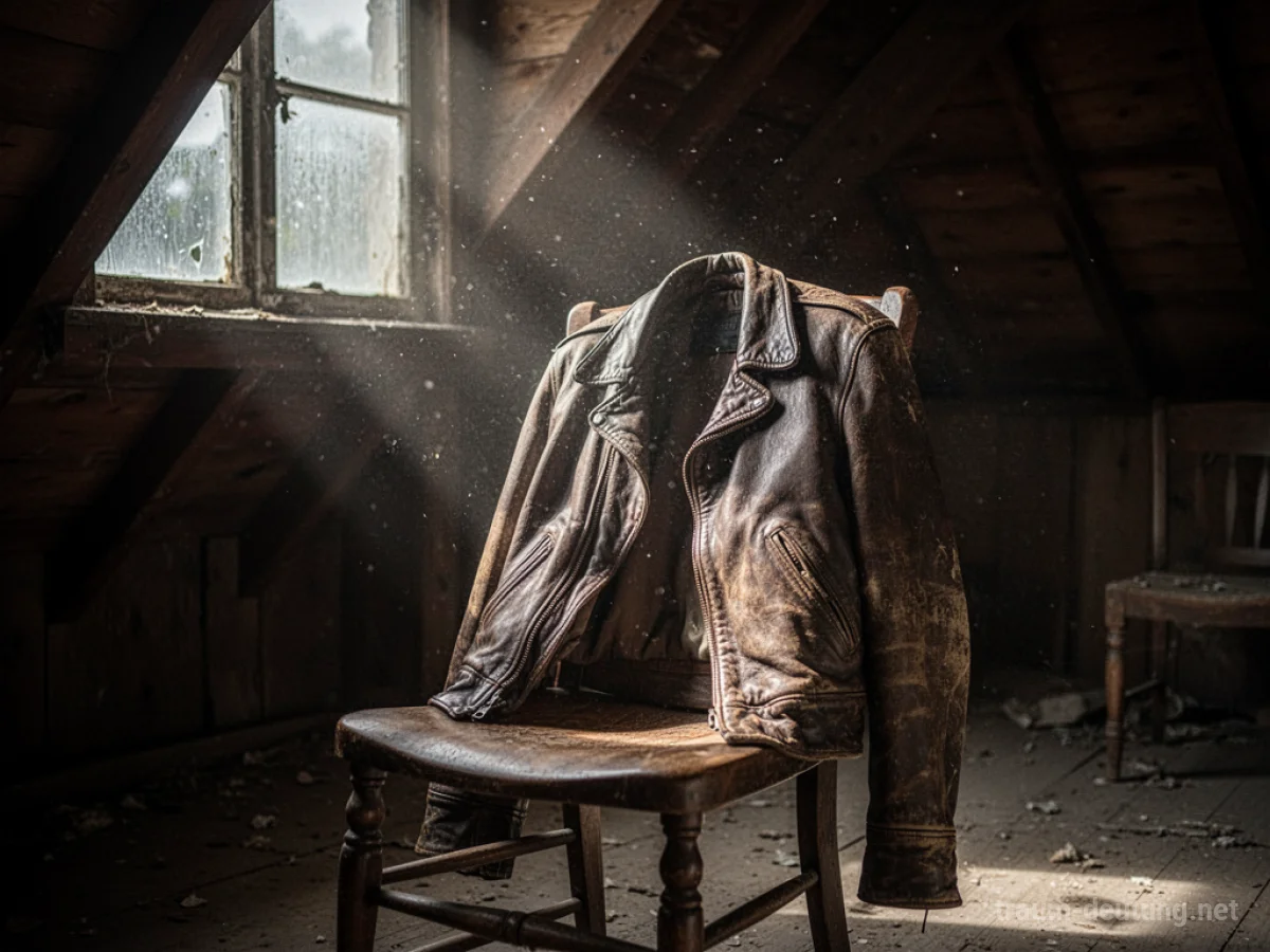 Traumdeutung Jacke: Eine abgetragene braune Lederjacke liegt auf einem antiken Holzstuhl in einem staubigen Dachboden, beleuchtet von Mondlicht.