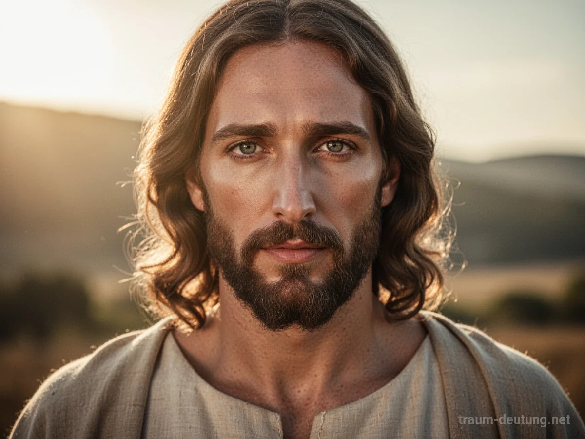 Traumsymbol Jesus: Ein Mann mit gütigem Blick und einfacher Kleidung, dessen Gesicht von sanftem, goldenem Licht erhellt wird, steht vor einer verschwommenen, friedlichen Landschaft.