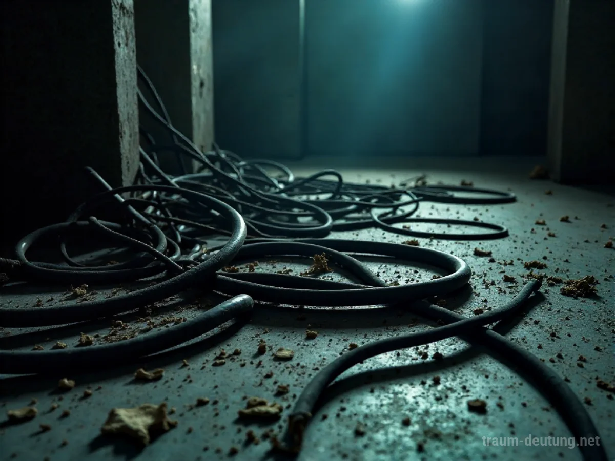 Traumsymbol Kabel: Ein verheddertes Bündel dicker, schwarzer Elektrokabel liegt auf einem staubigen Betonboden im diffusen Licht.