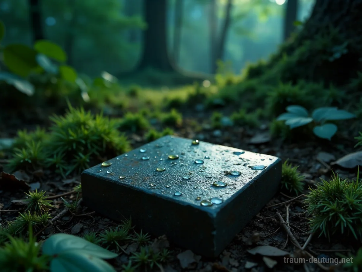 Traumsymbol Kachel: Eine einzelne, verwitterte Keramikkachel liegt auf feuchtem Waldboden, bedeckt mit Moos und Laub, im sanften Mondlicht.