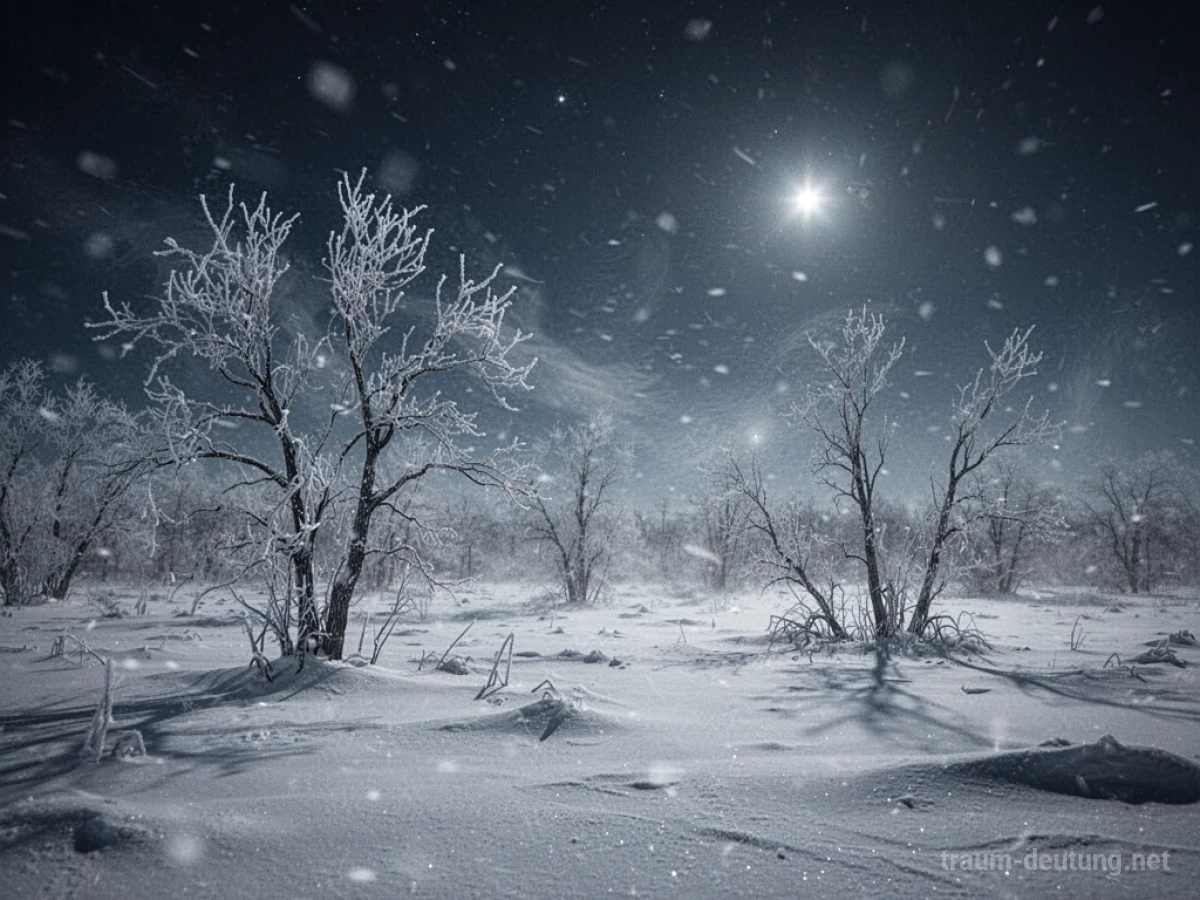 Traumsymbol Kälte: Eine eisige, schneebedeckte Landschaft unter klarem Mondlicht, mit gefrorenen Bäumen und starkem Wind.