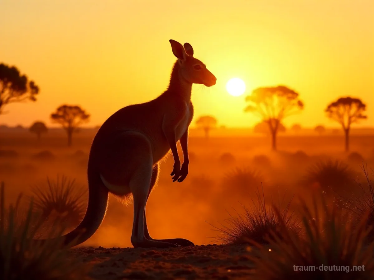 Traumsymbol Känguru: Ein majestätisches rotes Känguru steht in der goldenen Abendsonne auf den Ebenen des australischen Outbacks.