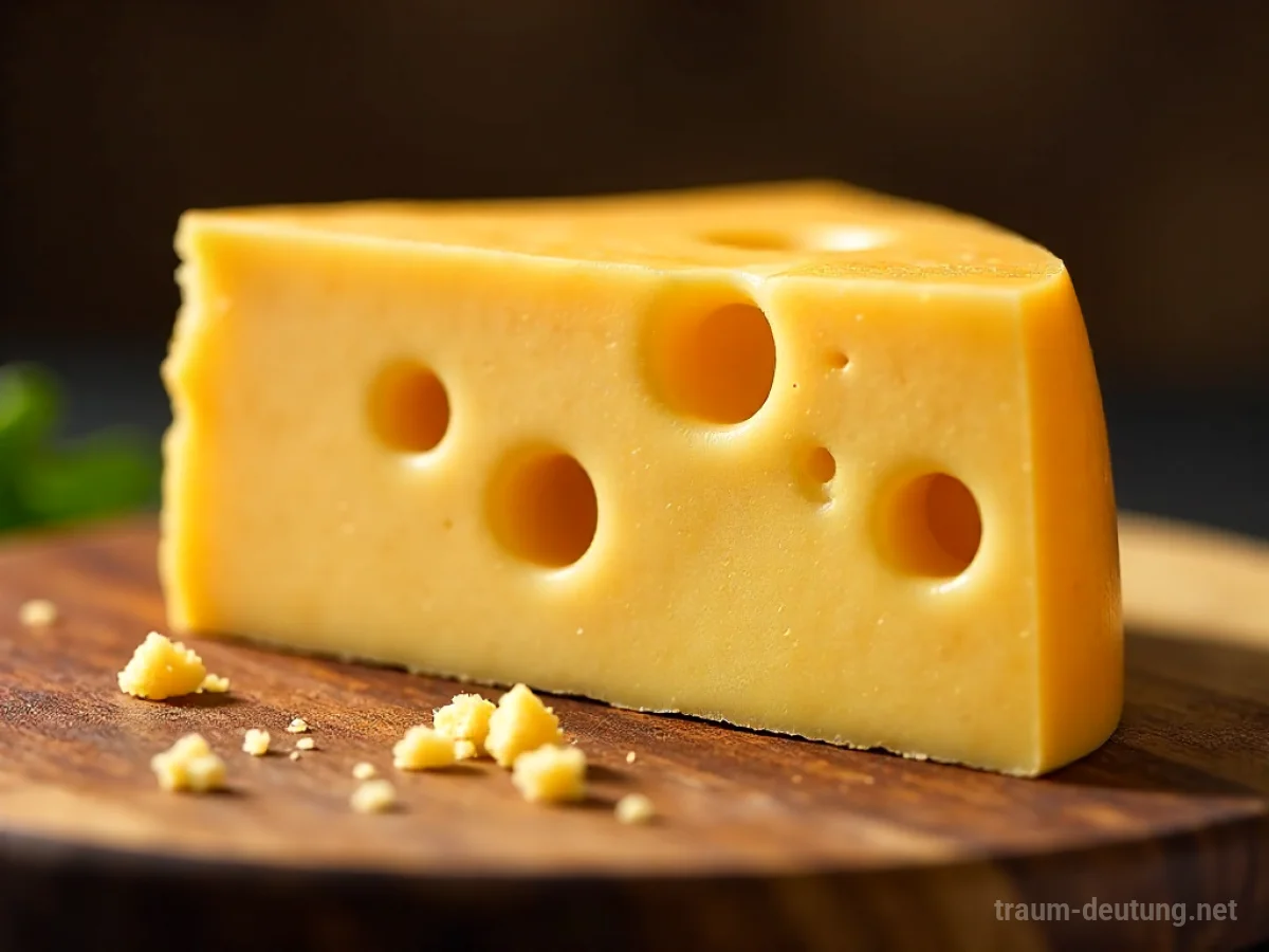 Traumsymbol Käse: Ein detailreicher Ausschnitt eines gereiften Schweizer Käses mit großen Löchern auf einem rustikalen Holzbrett im warmen goldenen Licht.