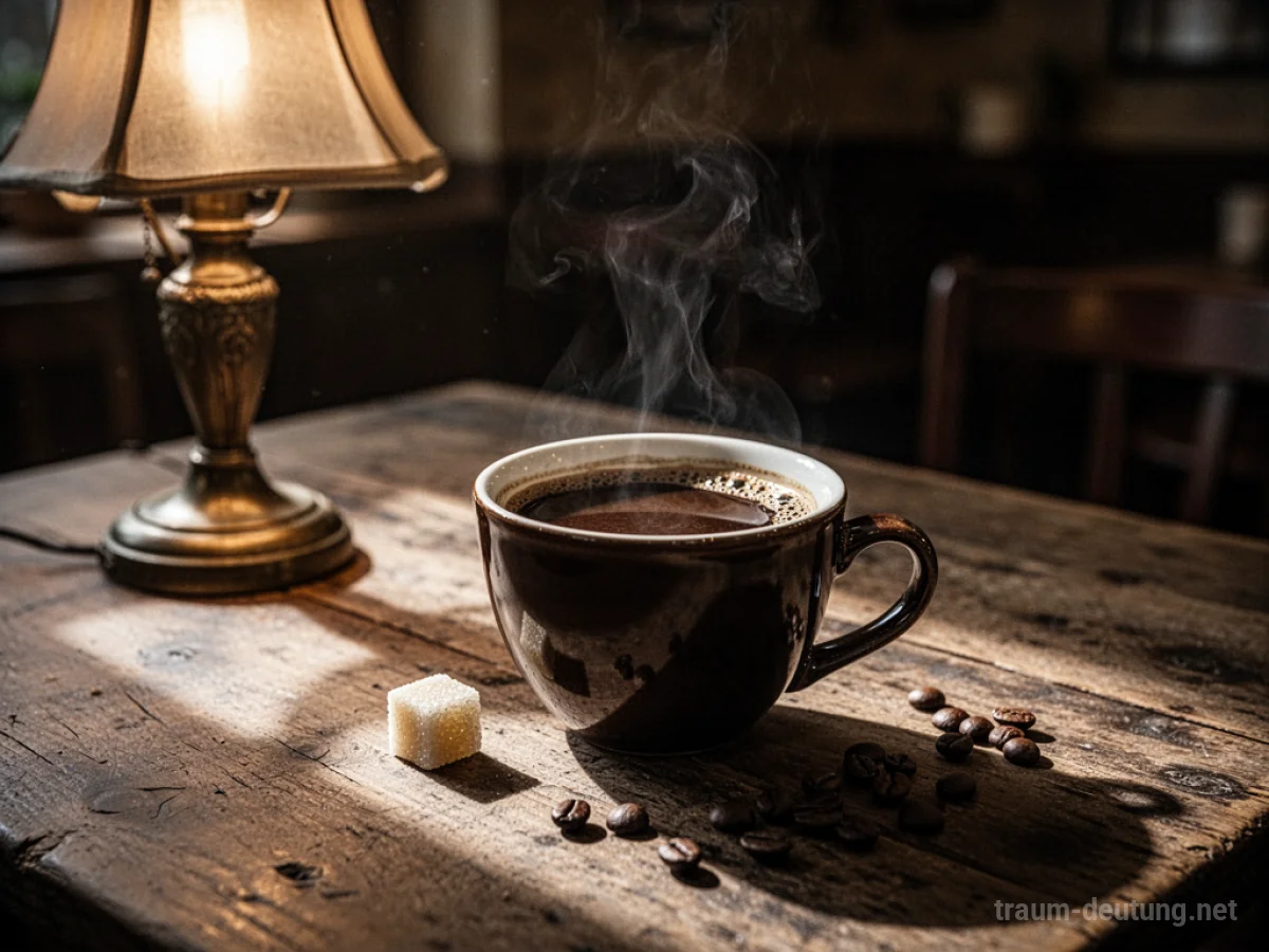 Traumdeutung Kaffee: Eine dampfende Tasse dunklen Kaffees steht auf einem rustikalen Holztisch, beleuchtet von warmem Lampenlicht, mit Zuckerwürfel und Kaffeebohnen daneben.