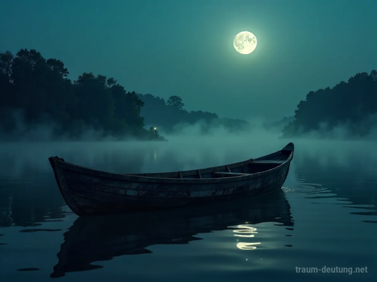 Traumsymbol Kahn: Ein hölzerner Kahn treibt ruhig auf einem dunklen Fluss unter Mondlicht, umgeben von Nebelschwaden.