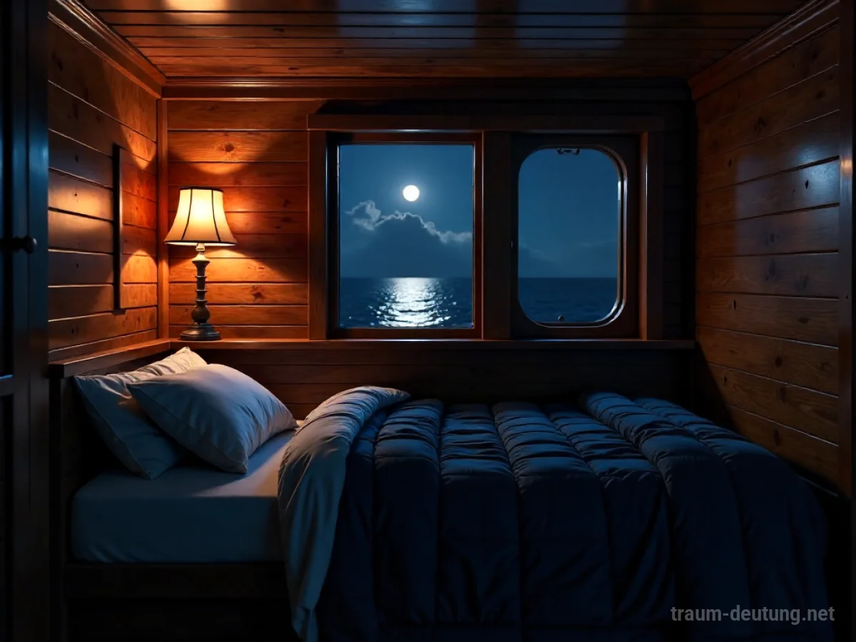 Traumsymbol Kajüte: Eine gemütliche Schiffskabine bei Nacht mit einer warmen Laterne und einem Blick durch das Bullauge auf das ruhige Meer.