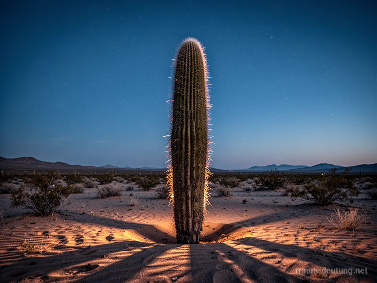 Traumsymbol Kaktus: Ein einzelner, reifer Saguaro-Kaktus steht allein in einer weiten Wüstenlandschaft unter einem klaren Abendhimmel mit langen Schatten.
