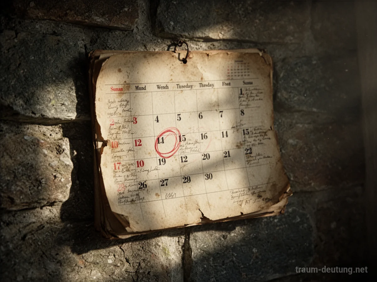 Traumsymbol Kalender: Ein alter Wandkalender mit roten Markierungen hängt an einer Steinwand, beleuchtet von sanftem Sonnenlicht.