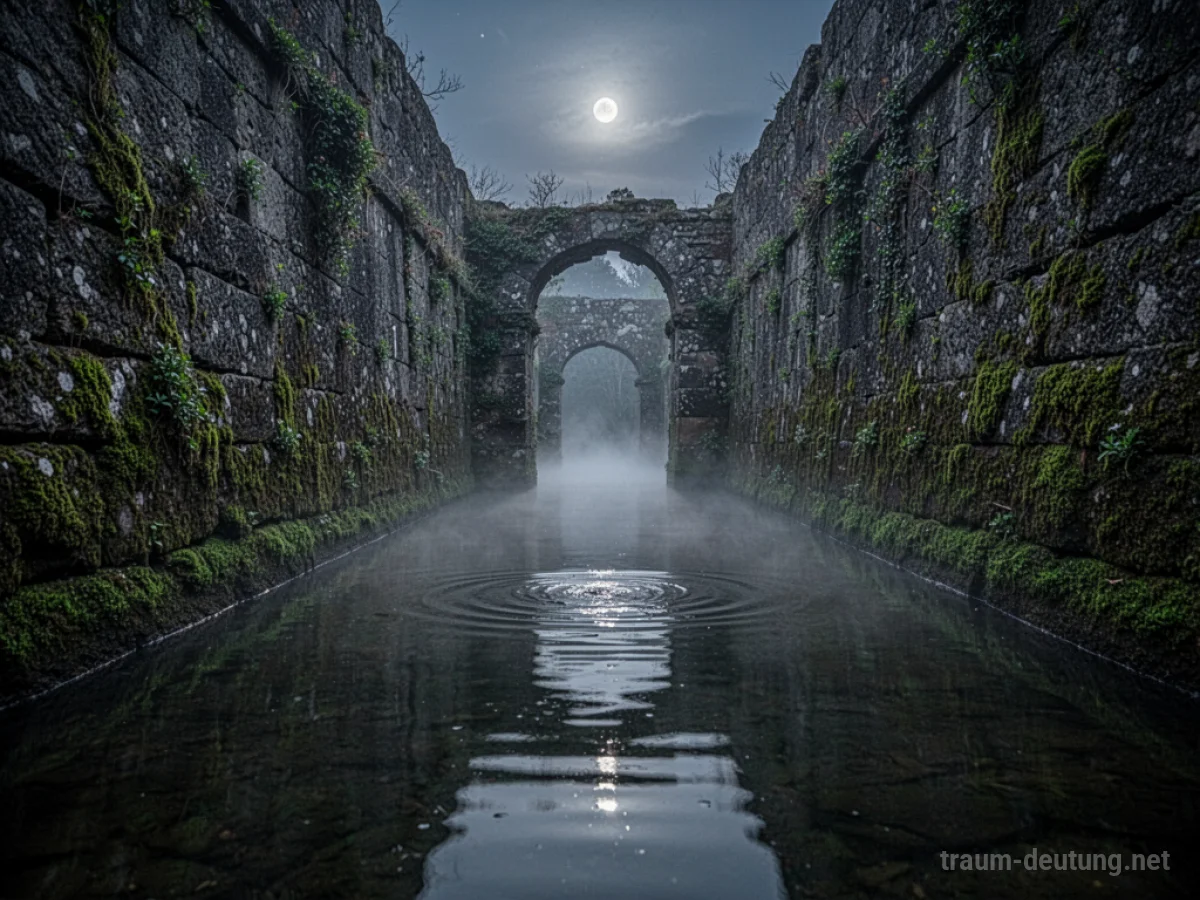 Traumsymbol Kanal: Ein alter Stein-Kanal im Mondlicht, mit moosbewachsenen Mauern und dunklem, ruhigem Wasser, das eine mysteriöse Atmosphäre schafft.