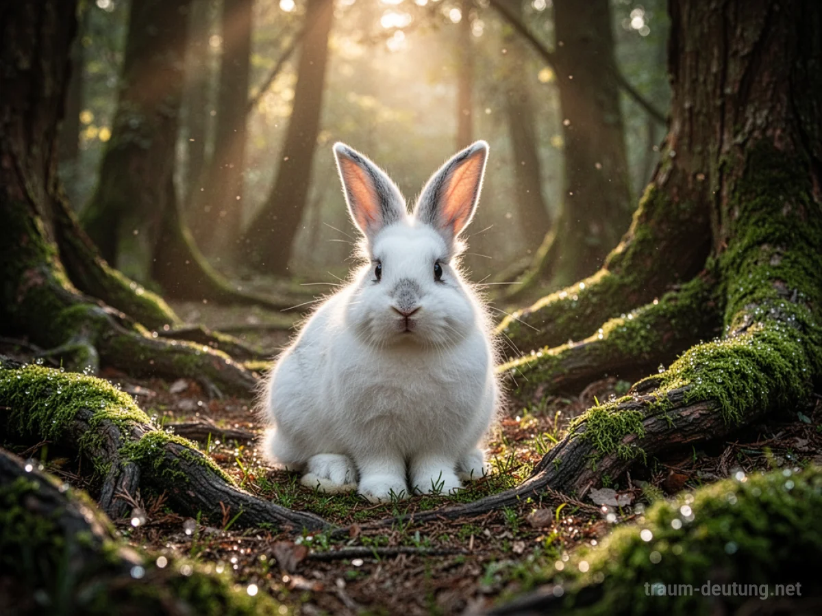 Traumsymbol Kaninchen: Ein weißes Kaninchen sitzt in einem sonnenbeschienenen Waldlichtung, umgeben von Moos und Baumwurzeln.