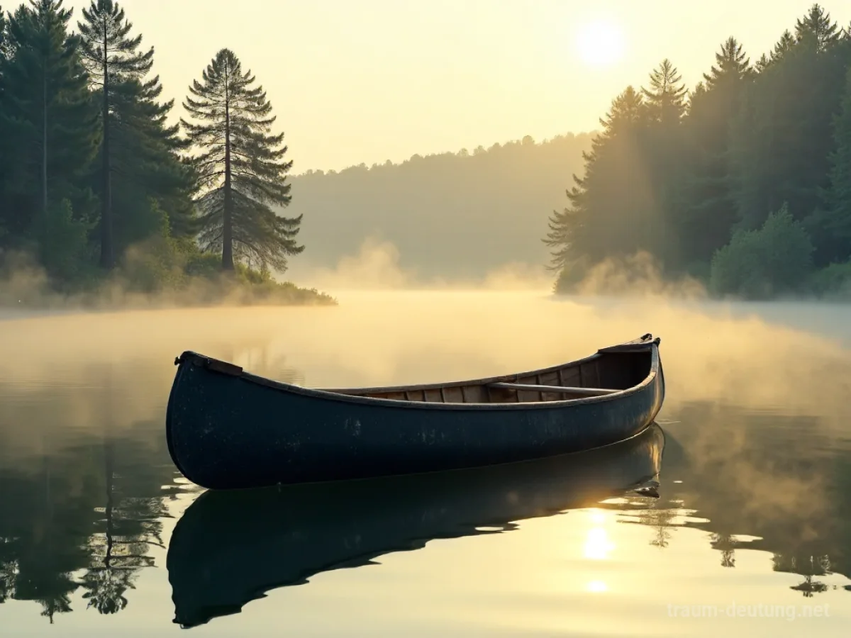 Traumsymbol Kanu: Ein hölzernes Kanu ruht friedlich auf einem stillen See im morgendlichen Sonnenlicht, umgeben von reflektierenden Bäumen.