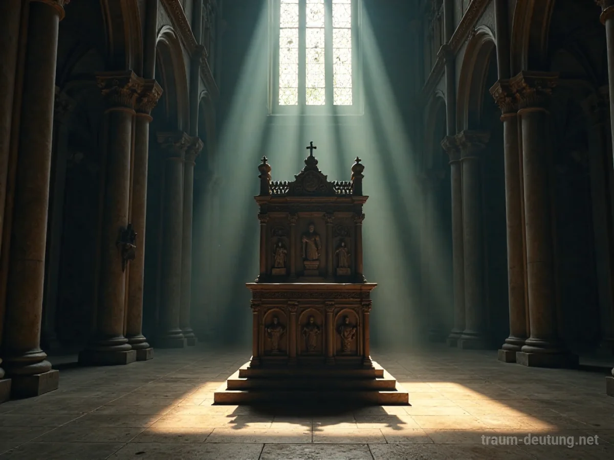 Traumsymbol Kanzel: Eine majestätische, alte hölzerne Kanzel steht isoliert in einer weitläufigen, schwach beleuchteten Kathedrale, beleuchtet von einem einzelnen Lichtstrahl.