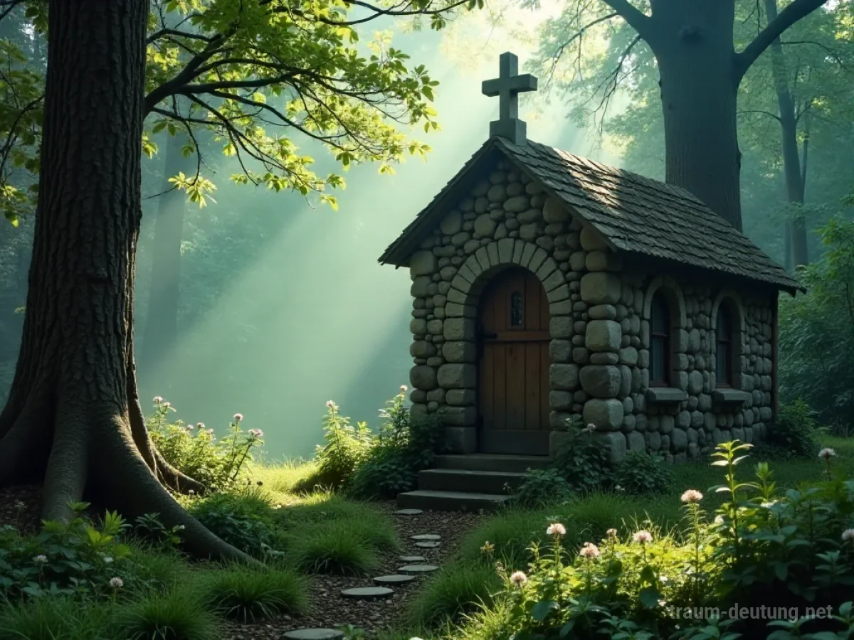 Traumsymbol Kapelle: Eine kleine, verwitterte Steinkapelle steht allein in einer nebligen Waldlichtung, durch die Sonnenstrahlen fallen.