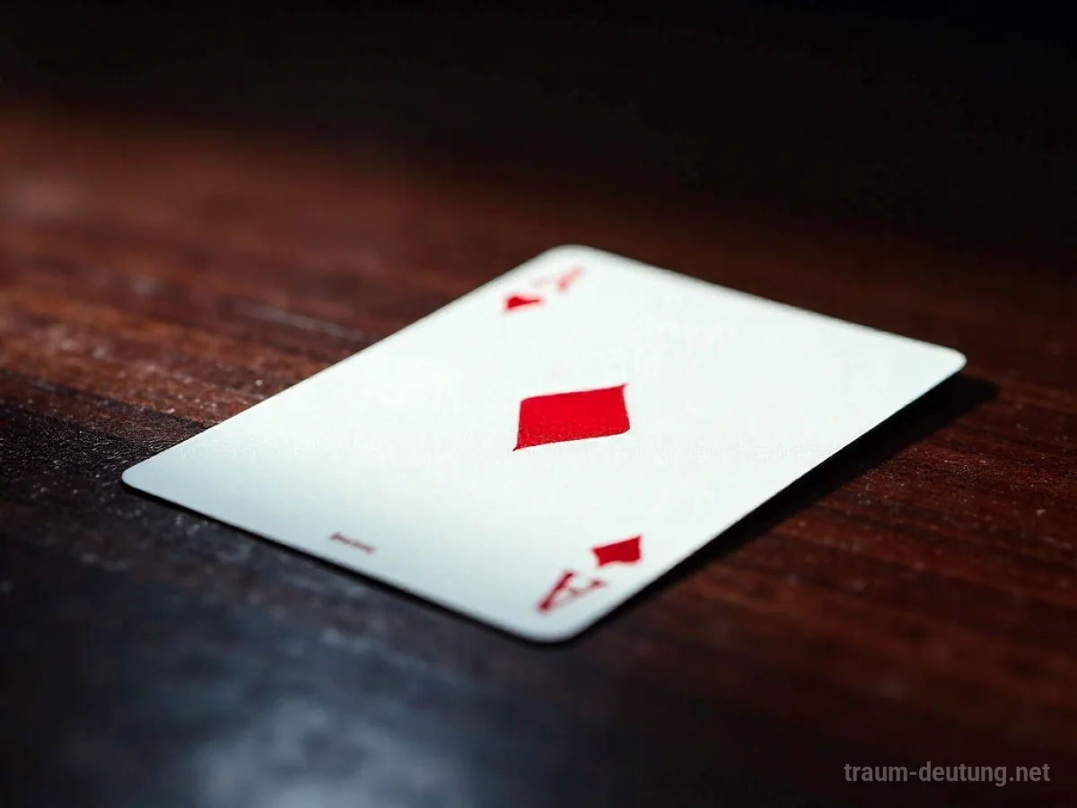 Traumsymbol Karo: Eine einzelne, rote Karo-Spielkarte liegt auf einem dunklen Holztisch unter einem Scheinwerferlicht.