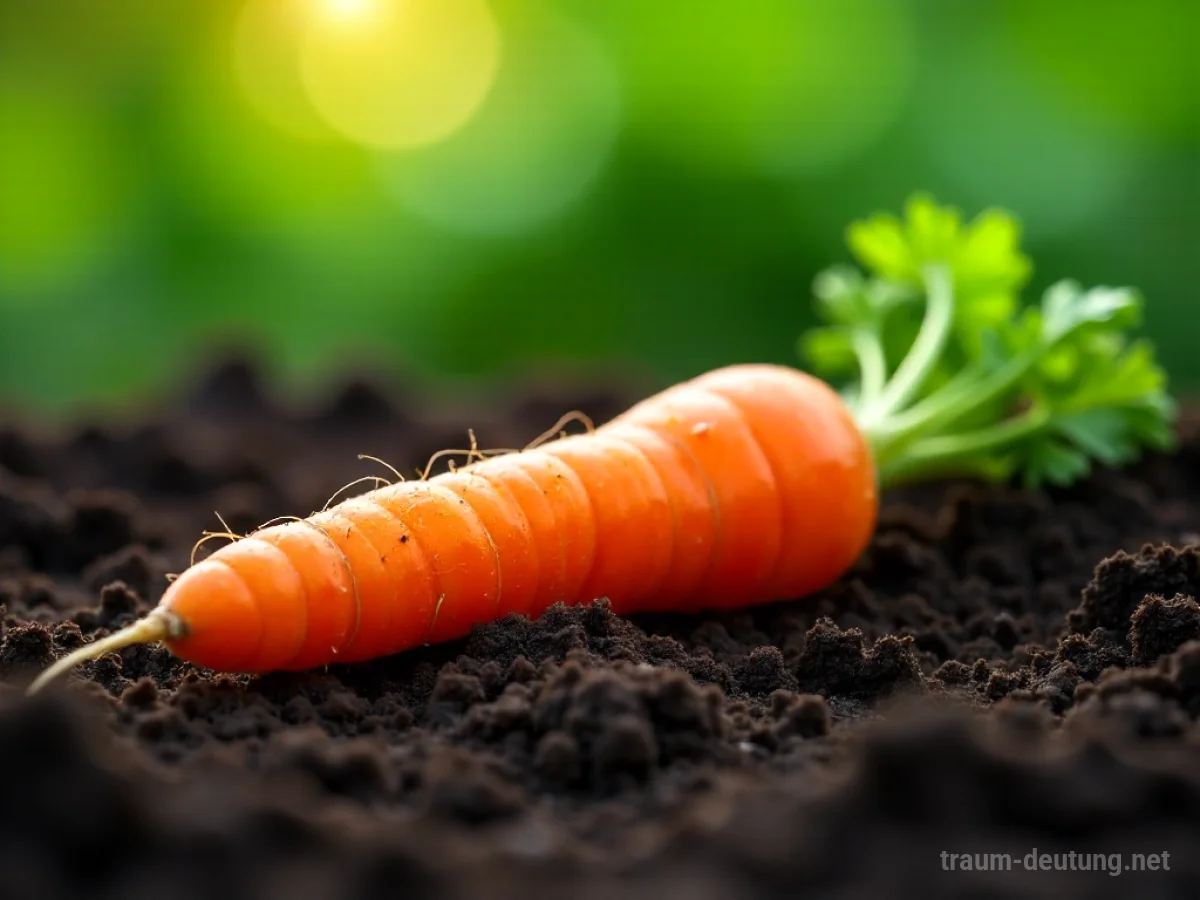 Traumsymbol Karotte: Eine einzelne, leuchtend orangefarbene Karotte mit grünen Blättern liegt auf dunkler Erde, sanft beleuchtet von Sonnenstrahlen.