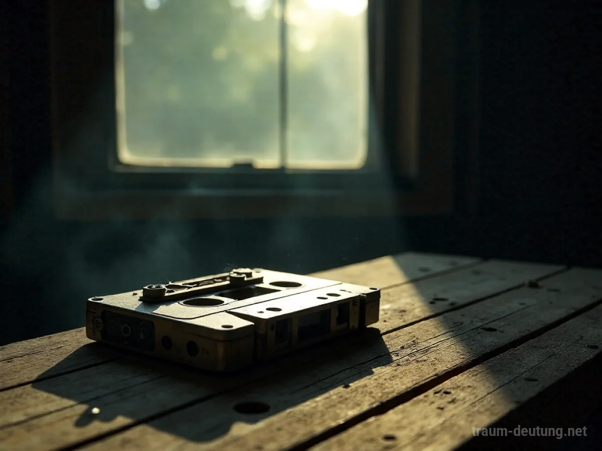 Traumsymbol Kassette: Eine alte Audiokassette liegt auf staubigem Holz im schwachen Mondlicht eines Dachbodens, umgeben von Nostalgie.