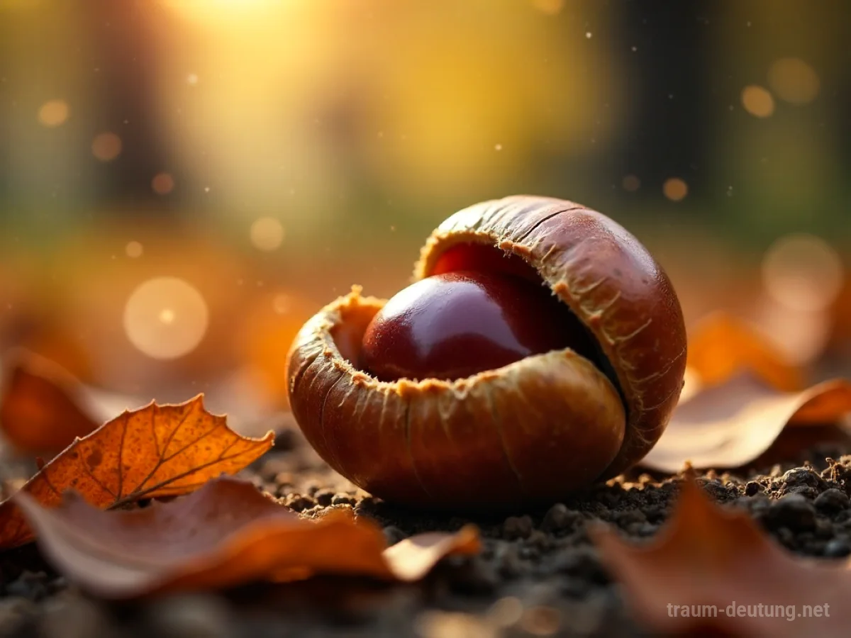 Traumsymbol Kastanie: Eine einzelne, glänzende Kastanie liegt offen auf herbstlichem Laub, beleuchtet von warmem Sonnenlicht im Wald.