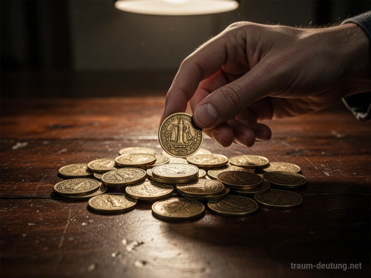 Traumsymbol Kaufen: Eine Hand greift nach einer antiken Goldmünze auf einem dunklen Holztisch, im warmen Licht.