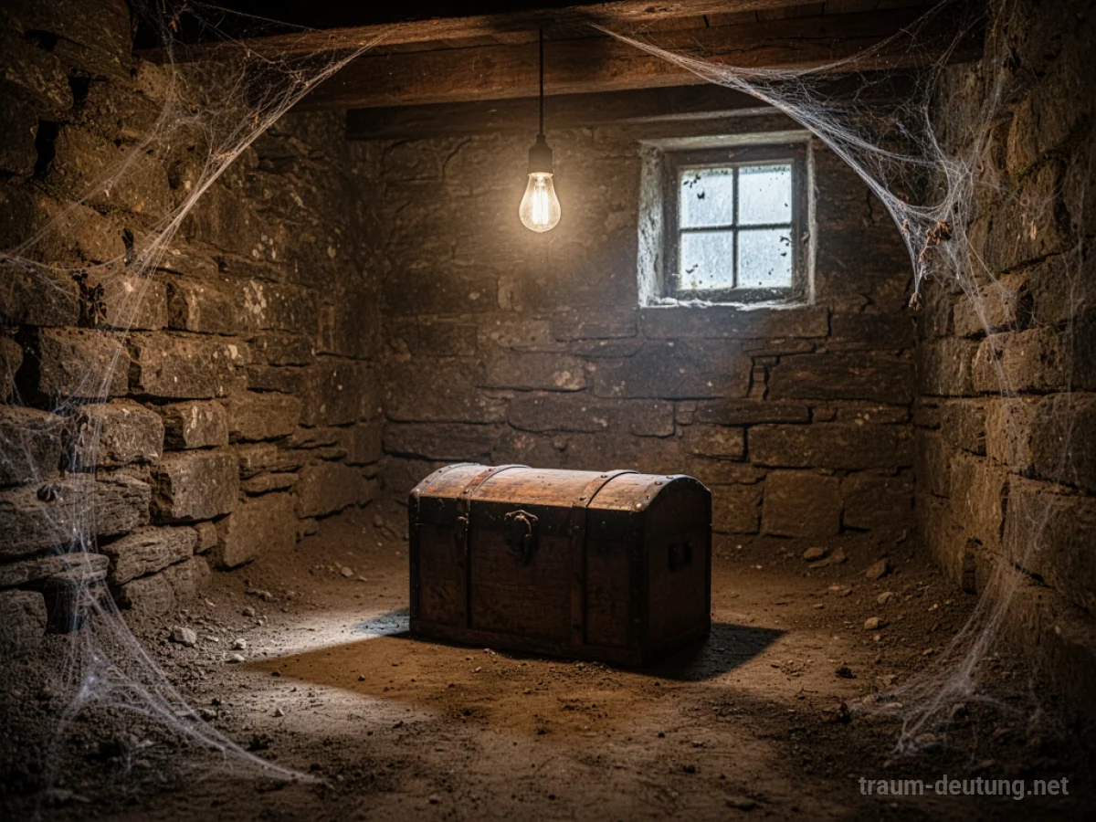 Traumdeutung Keller: Ein staubiger, spärlich beleuchteter Keller mit groben Steinwänden, Spinnweben und einer einzelnen Glühbirne, die lange Schatten wirft.