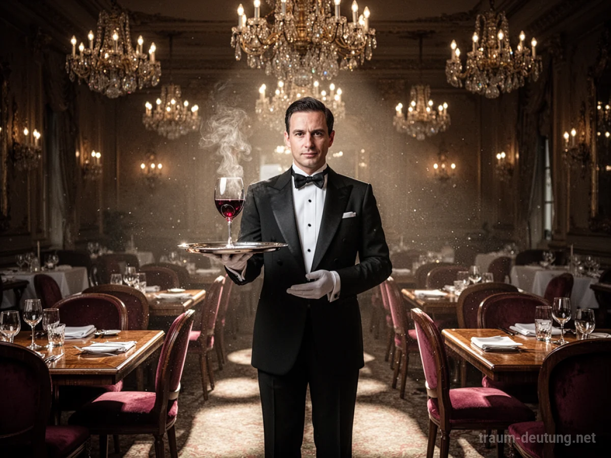 Traumdeutung Kellner: Ein distinguierter Kellner im Smoking steht in einem schwach beleuchteten, opulenten Restaurant und hält ein Tablett mit einem Weinglas.