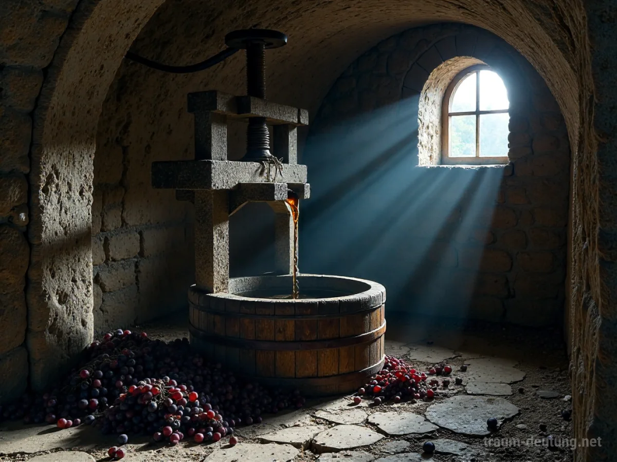 Traumsymbol Kelter: Ein alter Steinkeltere im dunklen Keller, mit Trauben und tropfendem Wein, beleuchtet von einem Mondstrahl.