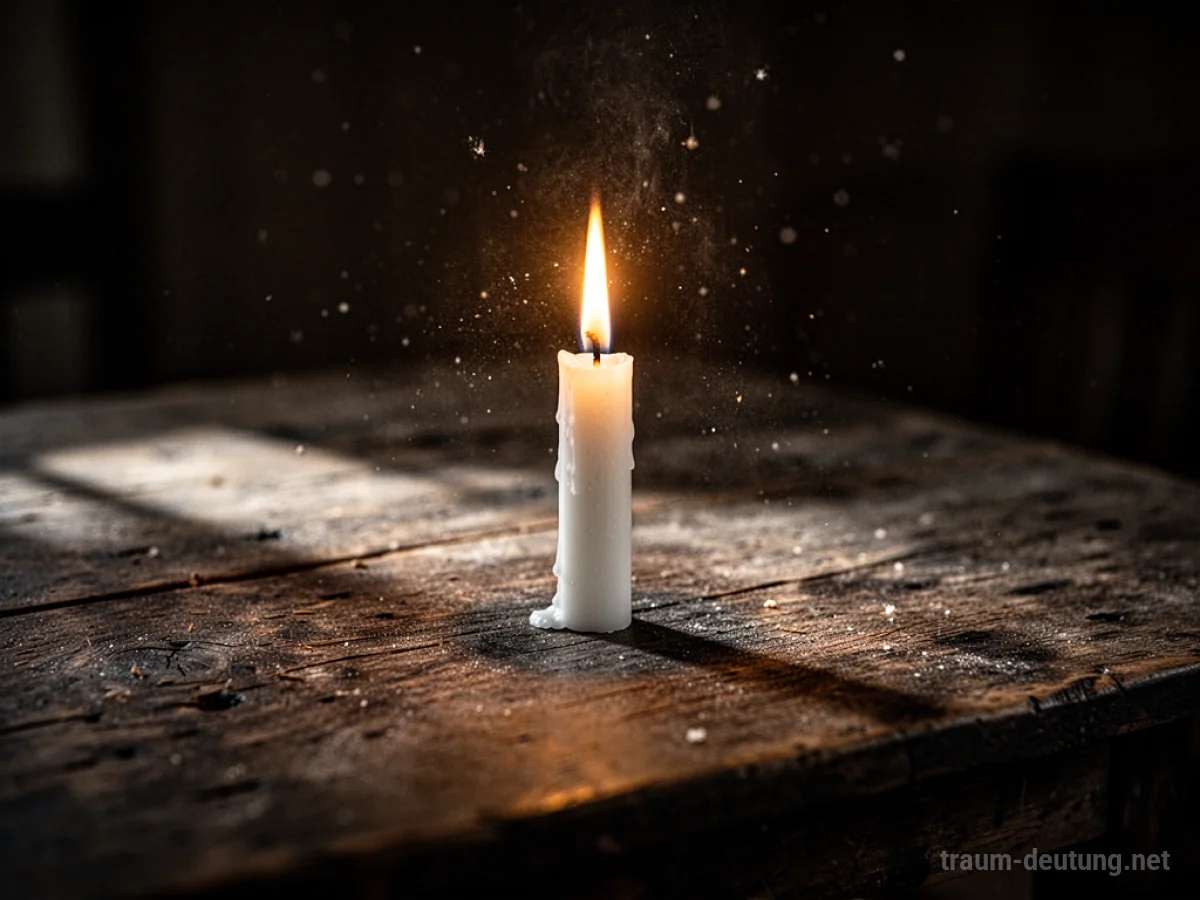 Traumdeutung Kerze: Eine einzelne, schlanke weiße Kerze brennt hell auf einem dunklen Holztisch, ihr warmes Licht erhellt tanzende Staubpartikel und wirft weiche Schatten.