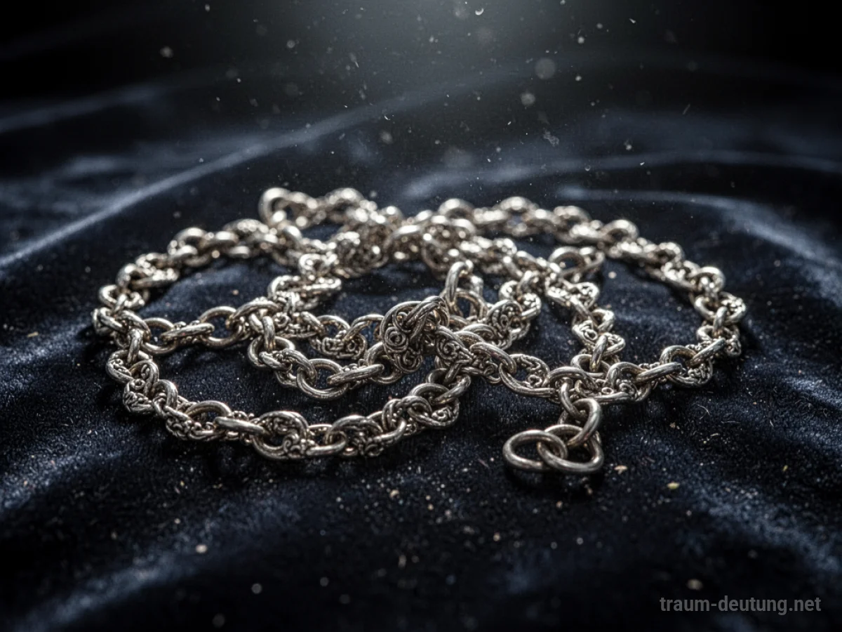 Traumsymbol Kette: Eine antike, kunstvoll gestaltete Silberkette liegt auf dunklem, samtigem Untergrund, beleuchtet von mystischem Mondlicht.