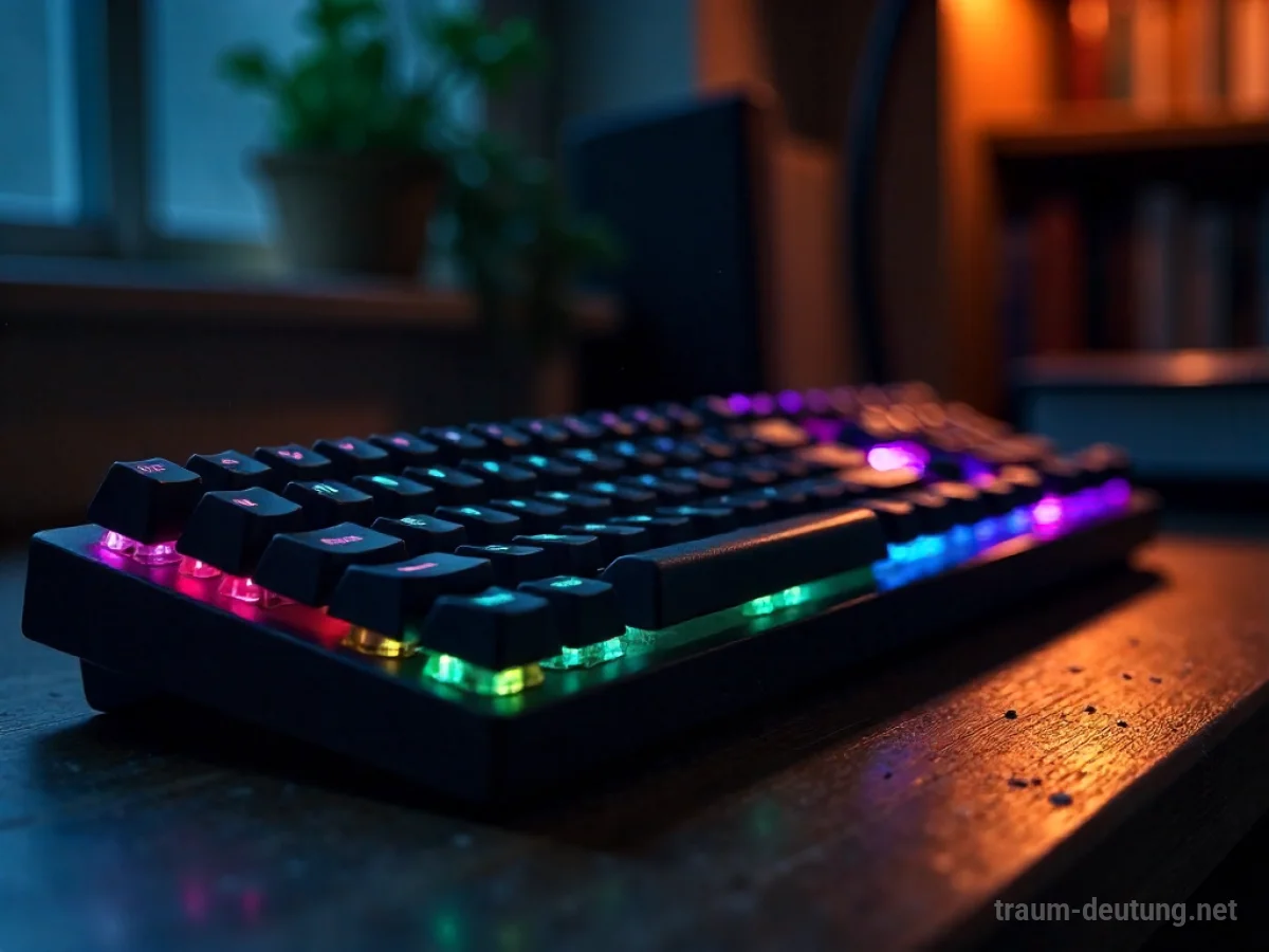 Traumsymbol Keyboard: Ein beleuchtetes, mechanisches Keyboard liegt auf einem dunklen Holzschreibtisch in einem stimmungsvoll beleuchteten Arbeitszimmer.
