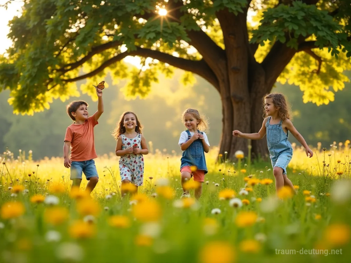 Traumsymbol Kids: Eine Gruppe Kinder spielt fröhlich auf einer sonnenbeschienenen Wiese mit Blumen, umgeben von sanftem Licht und einer Atmosphäre unschuldiger Freude.