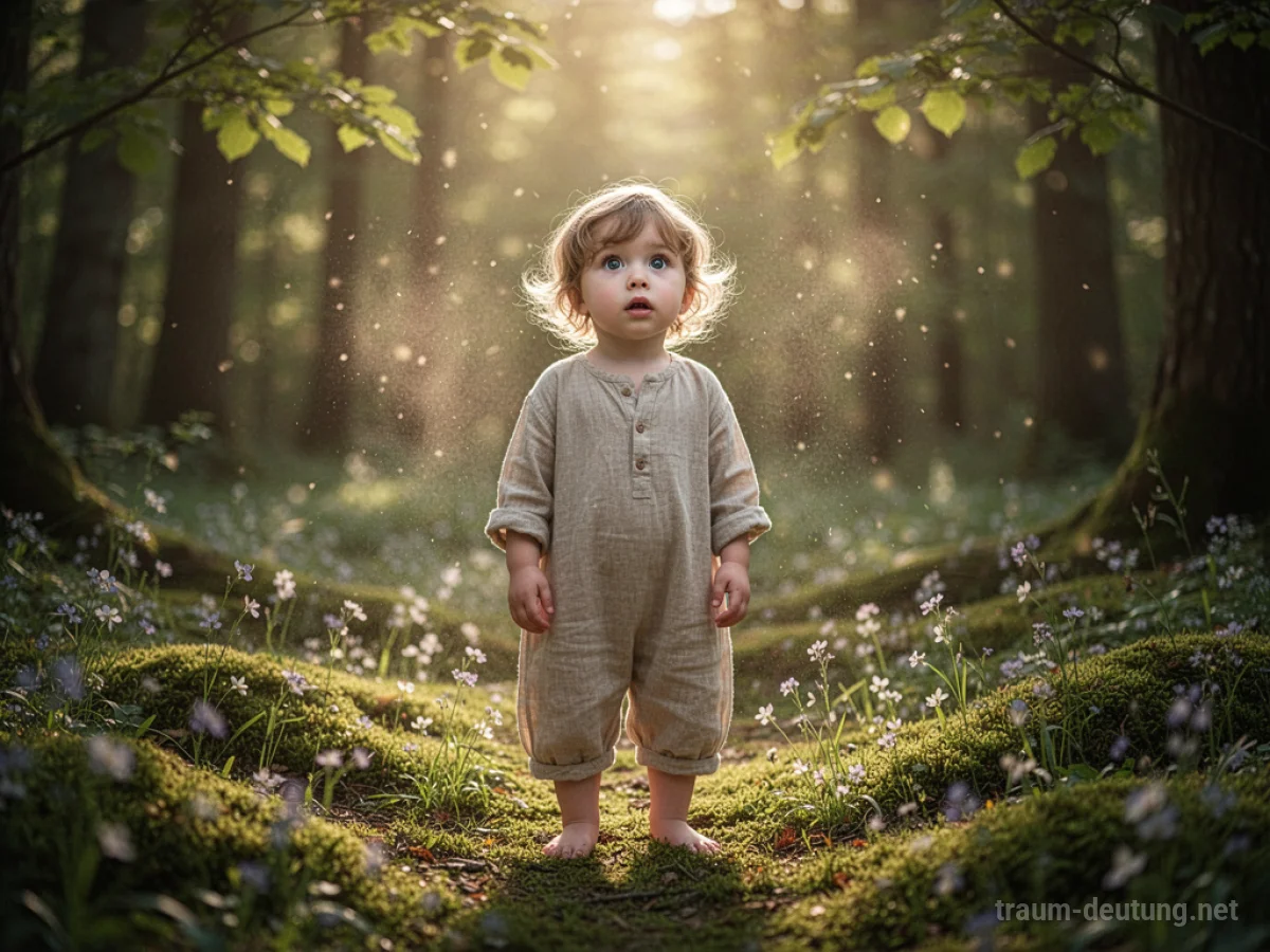 Traumsymbol Kind: Ein unschuldiges Kind mit großen, neugierigen Augen steht in einer sonnenbeschienenen Waldlichtung, umgeben von Moos und Wildblumen.