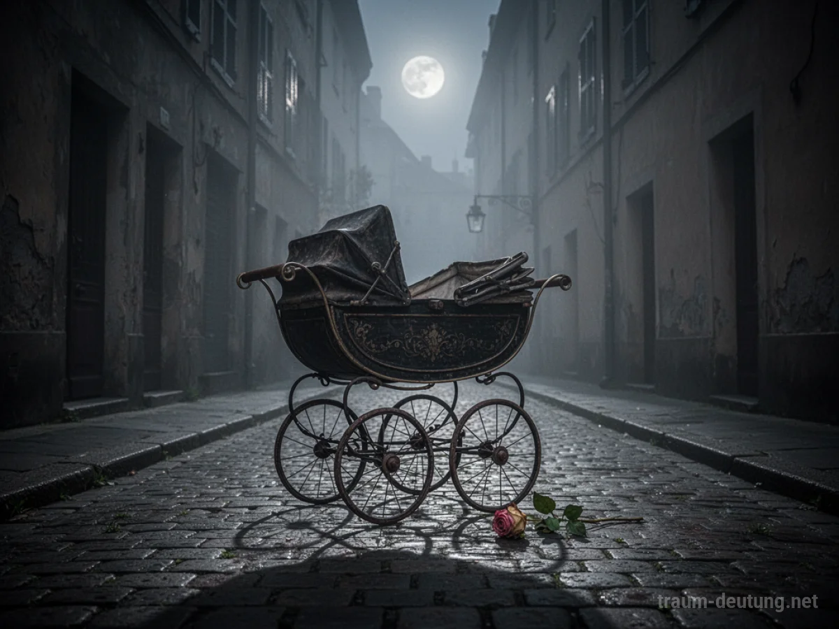 Traumsymbol Kinderwagen: Ein alter, verzierter Kinderwagen steht verlassen auf einer nebligen Kopfsteinpflasterstraße im Mondlicht.