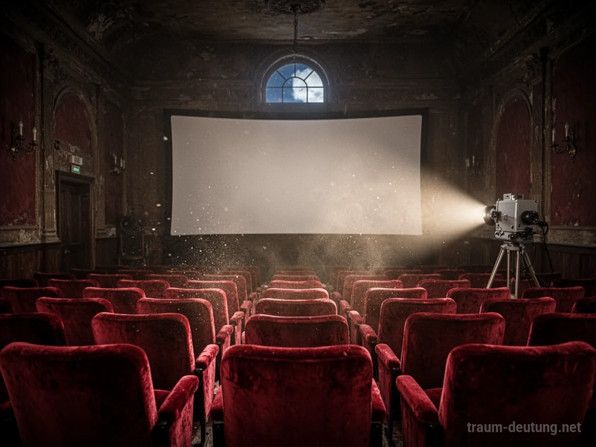 Traumdeutung Kino: Ein leerer, stimmungsvoll beleuchteter Kinosaal mit roten Samtsitzen, der auf eine leuchtende Leinwand blickt, beleuchtet von einem einzelnen Lichtstrahl und Mondlicht.