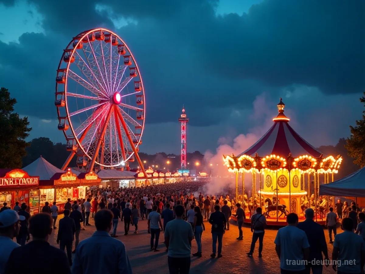 Traumsymbol Kirmes: Eine belebte, bunte Kirmes bei Nacht mit einem hoch aufragenden Riesenrad, Spielbuden und einem Karussell unter einem tiefblauen Himmel.