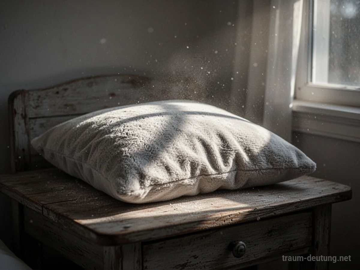 Traumdeutung Kissen: Ein weiches, flauschiges Kissen liegt im sanften Mondlicht auf einem Nachttisch, umgeben von einer ruhigen Atmosphäre.