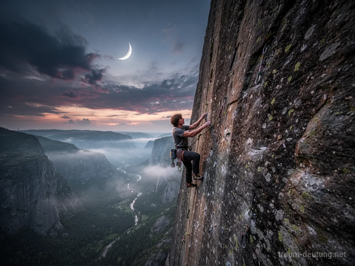 Traumsymbol Klettern: Eine Person klettert eine steile Felswand unter einem dramatischen Abendhimmel, mit einem nebligen Tal darunter und einem Mond über ihnen.