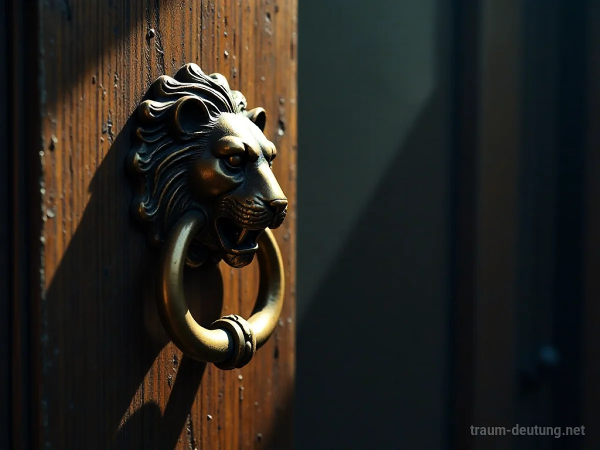 Traumsymbol Klick: Ein antiker, goldener Türklopfer in Löwenform ist im Begriff, gegen eine dunkle Holztür zu schlagen, beleuchtet von dramatischem Licht.