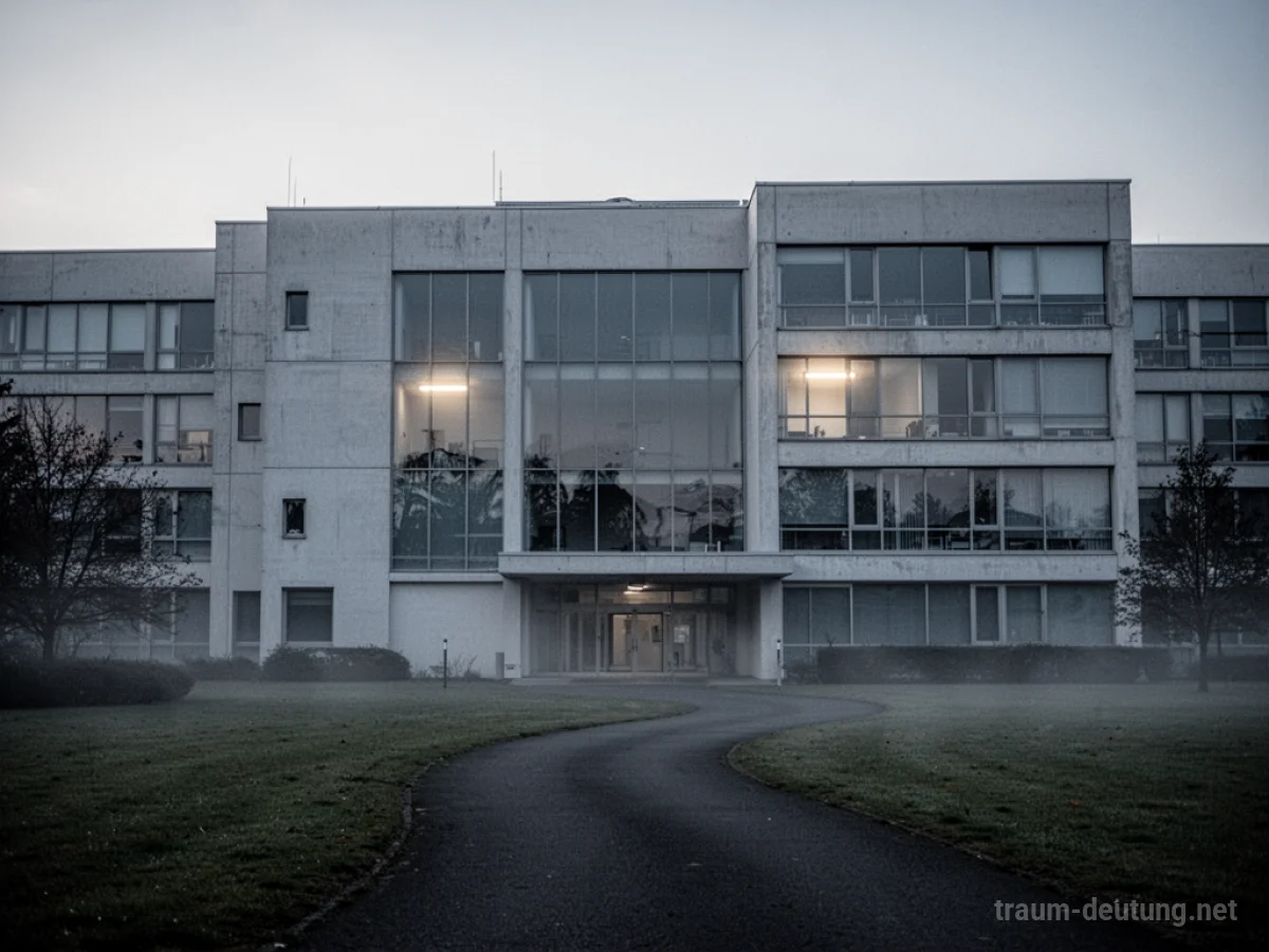 Traumdeutung Klinik: Ein imposantes, modernes Krankenhausgebäude bei Dämmerung mit sterilen weißen Wänden und großen Glasfenstern, umgeben von einem verlassenen Gelände.