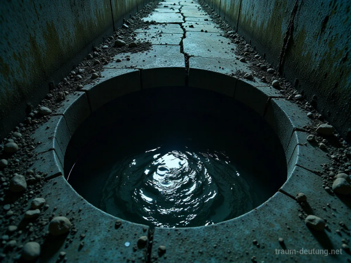 Traumsymbol Kloake: Ein dunkler, trüber Abwasserschacht in einer verlassenen städtischen Gasse, beleuchtet von spärlichem Mondlicht, das die Verwahrlosung unterstreicht.