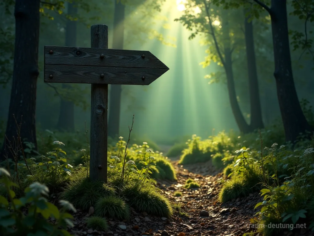Traumsymbol Knick: Ein alter Holzwegweiser steht an einer Gabelung im dunklen Wald, ein Pfeil zeigt scharf nach links, der andere ist gebrochen.