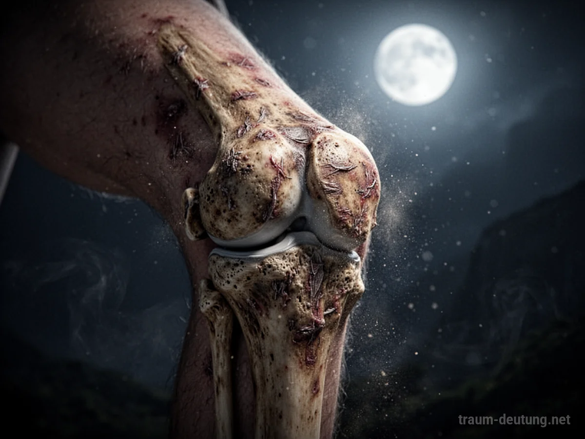 Traumsymbol Knie: Ein detailliertes, fotorealistisches menschliches Kniegelenk, das im diffusen Licht eines Traumszenarios beleuchtet wird, mit subtilen Schatten im Hintergrund.