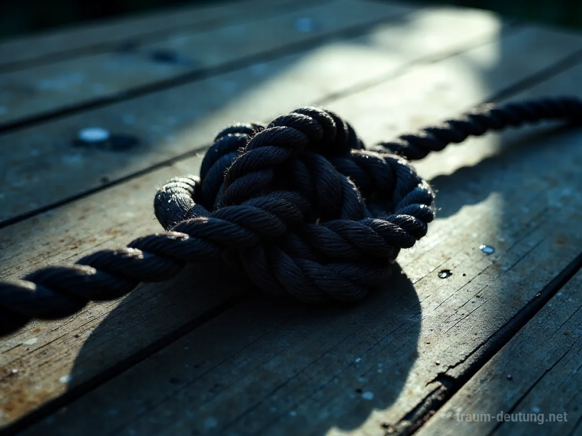Traumsymbol Knoten: Ein komplexer, fest gebundener Knoten aus dunklem Seil liegt auf einer alten Holzoberfläche, beleuchtet von dramatischen Schatten im Mondlicht.