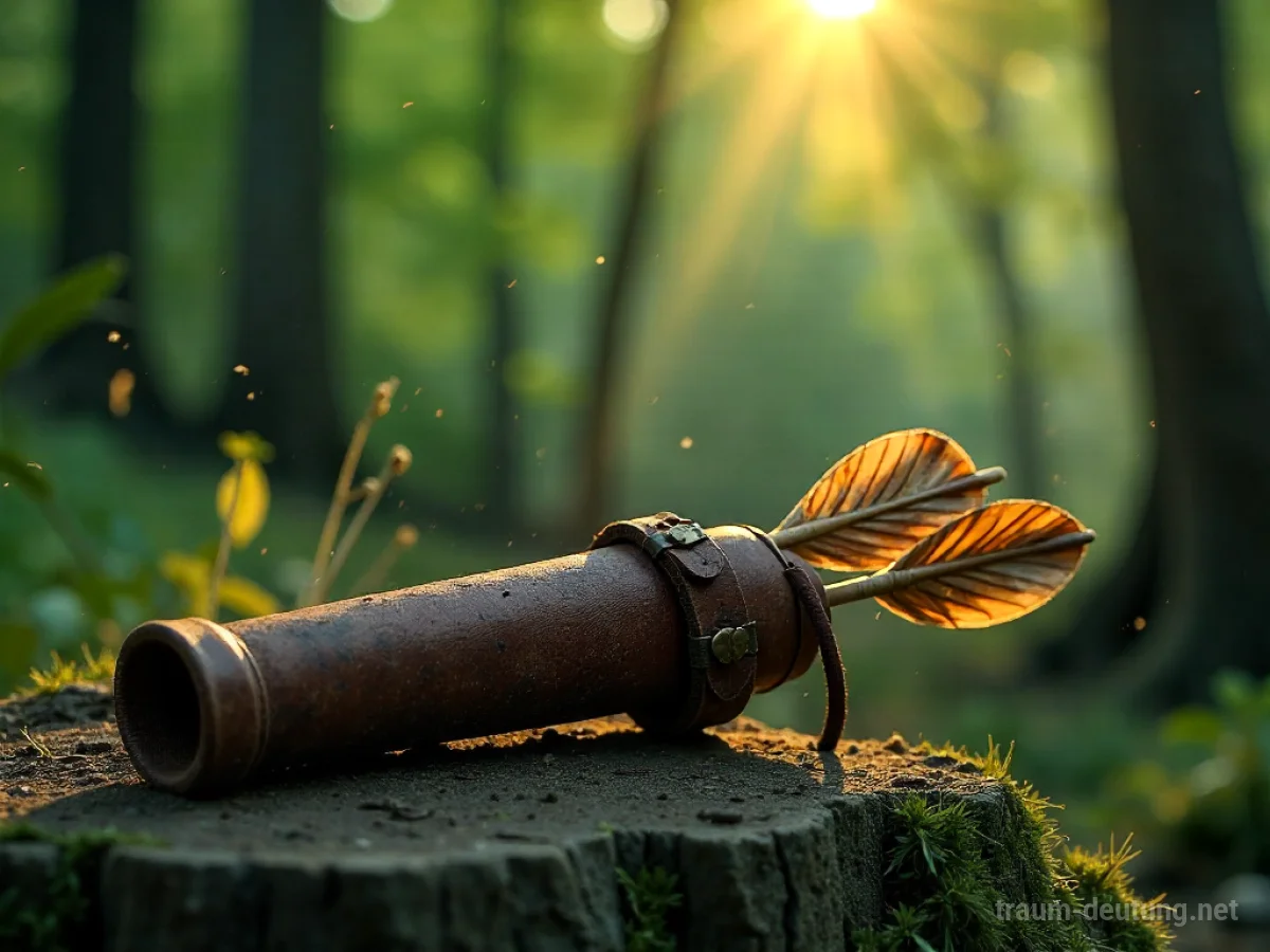 Traumsymbol Köcher: Ein abgenutzter Lederköcher mit alten Pfeilen ruht auf einem bemoosten Stein, beleuchtet von gefiltertem Sonnenlicht im Wald.